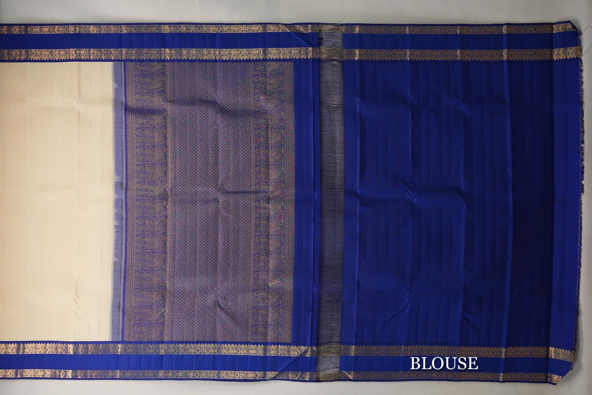 Cream Beige with Deep Royal Blue Rettai Pettu Borders Plant Based Kanjivaram Silk Saree blouse