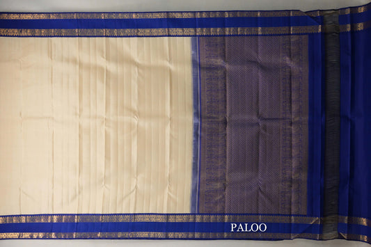 Cream Beige with Deep Royal Blue Rettai Pettu Borders Plant Based Kanjivaram Silk Saree paloo