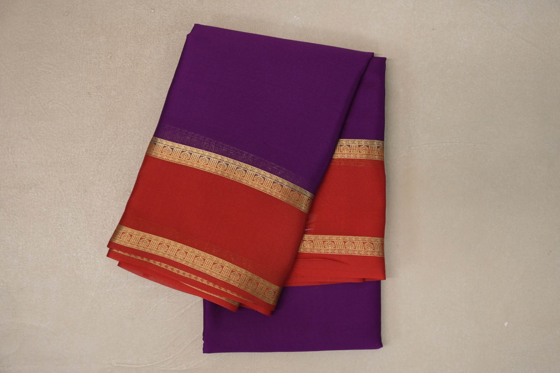 Violet Purple with Tomato Red Borders Mysore Silk Saree