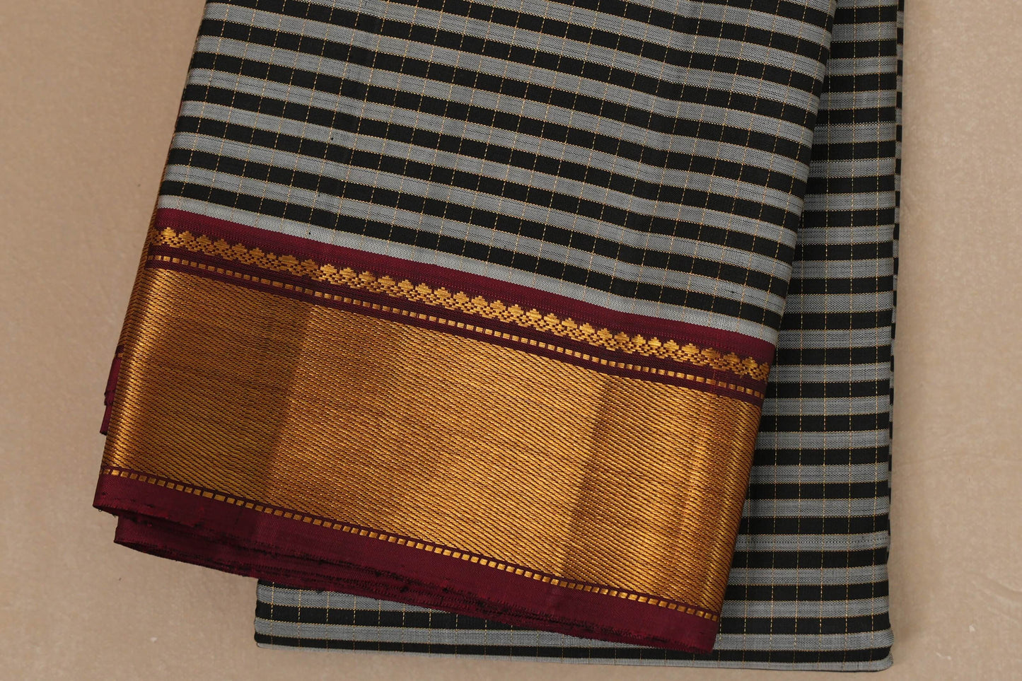 Black and grey stripe Vintage Kanjivaram Silk Saree border