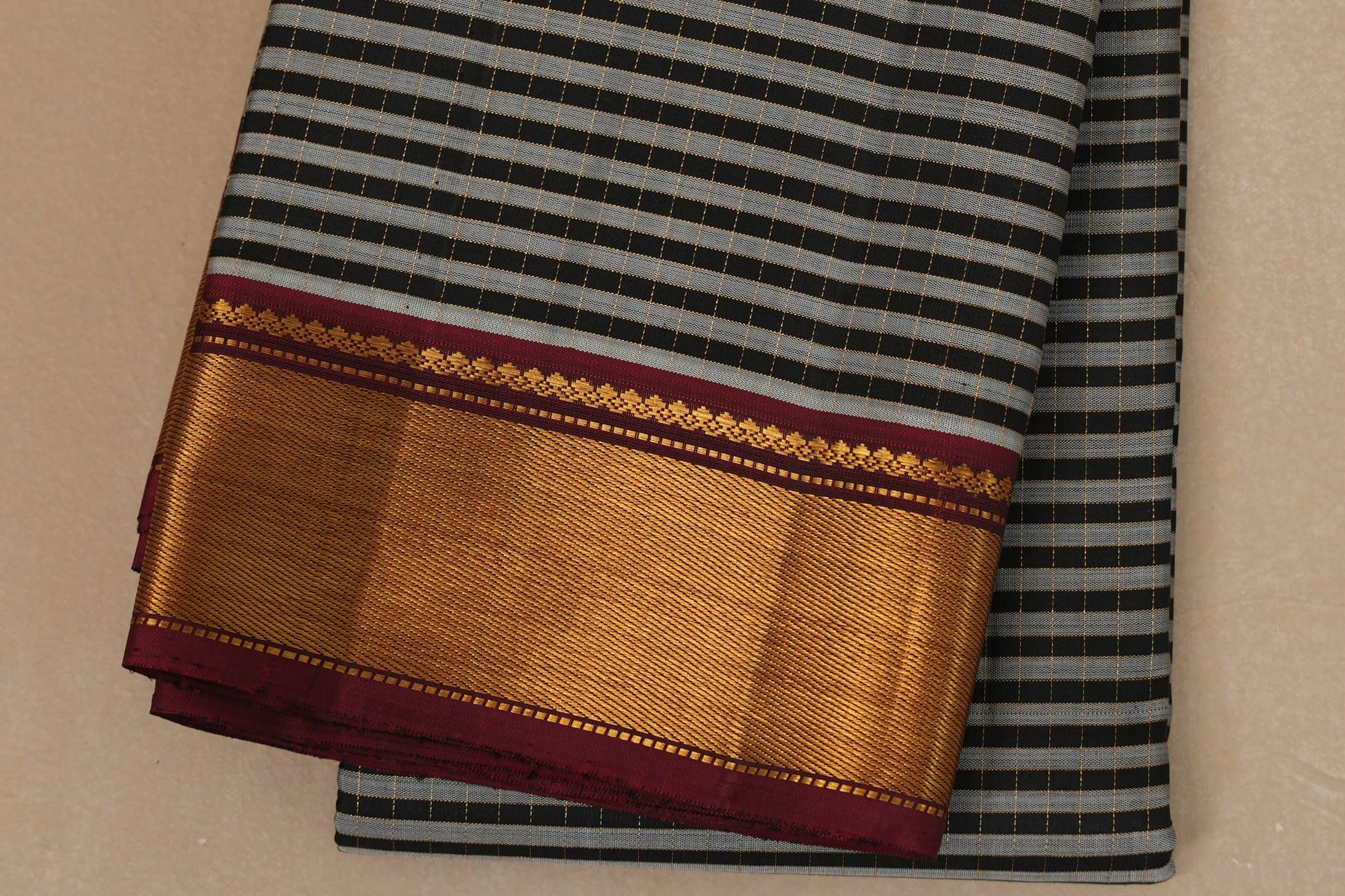 Black and grey stripe Vintage Kanjivaram Silk Saree border