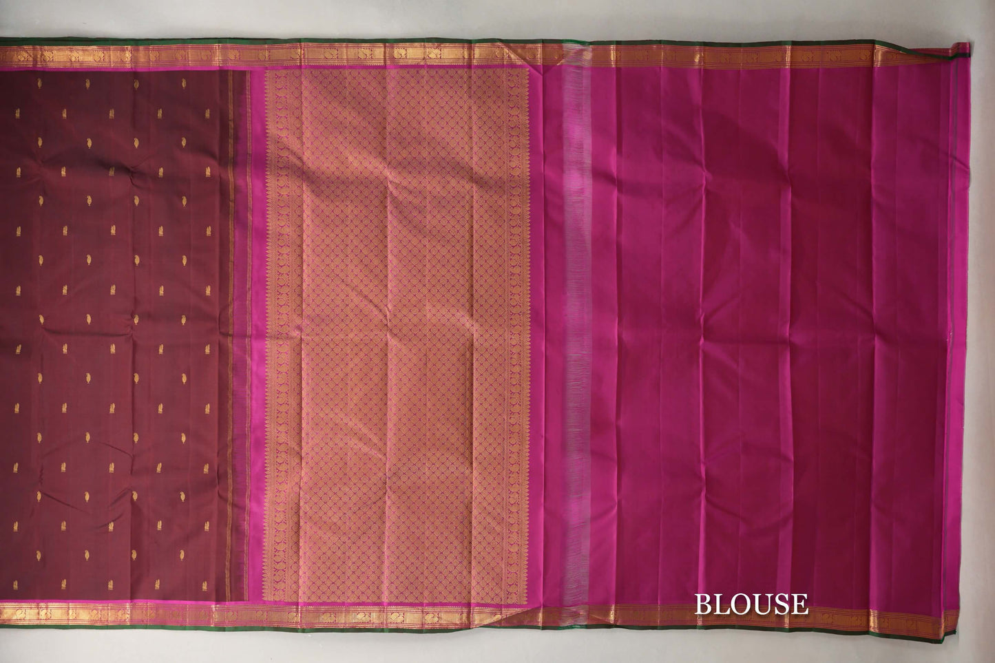 Reddish Maroon with Magenta with Green Selvedge Borders Vintage Kanjivaram Silk Saree blouse