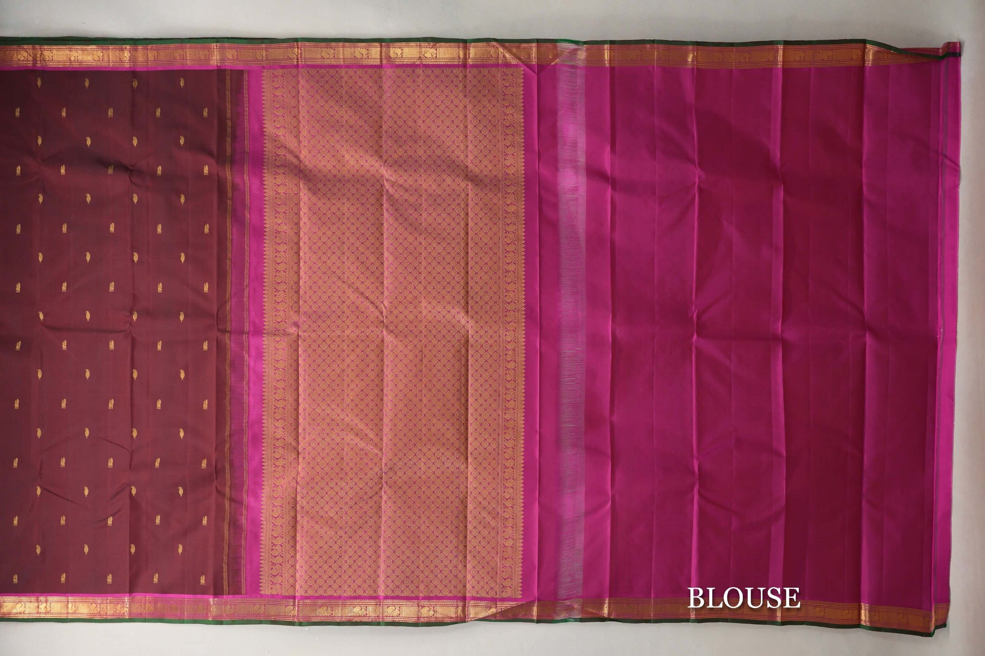 Reddish Maroon with Magenta with Green Selvedge Borders Vintage Kanjivaram Silk Saree blouse