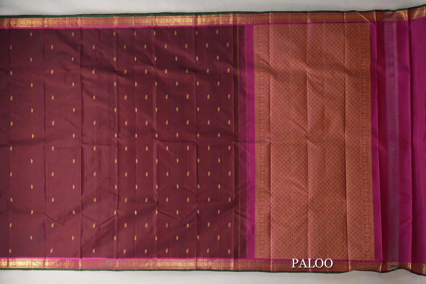 Reddish Maroon with Magenta with Green Selvedge Borders Vintage Kanjivaram Silk Saree paloo