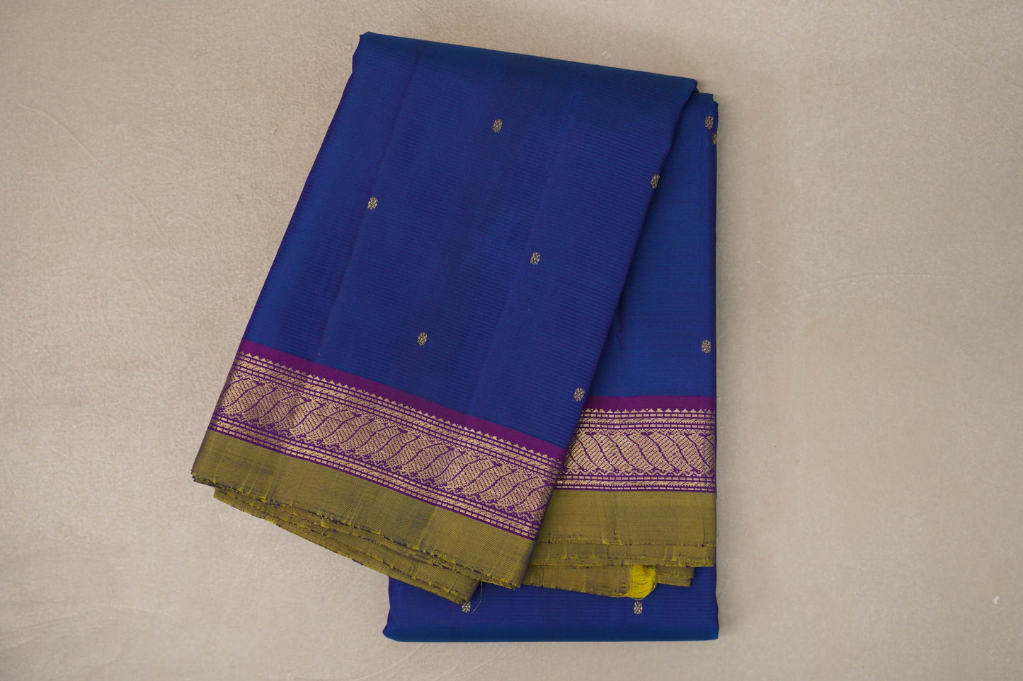 Classic Blue with Deep Magenta with Olive Yellow Borders Vintage Kanjivaram Silk Saree