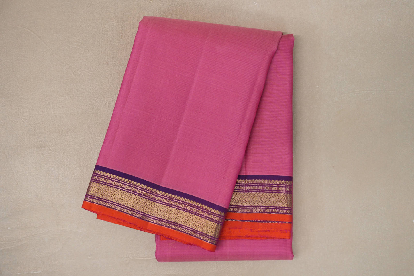 Rose Pink with Dual Tone of Blue & Pink with Bright Orange Selvedge Borders Vintage Kanjivaram Silk Saree