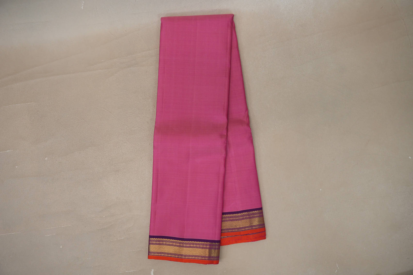 Online Rose Pink with Dual Tone of Blue & Pink with Bright Orange Selvedge Borders Vintage Kanjivaram Silk Saree