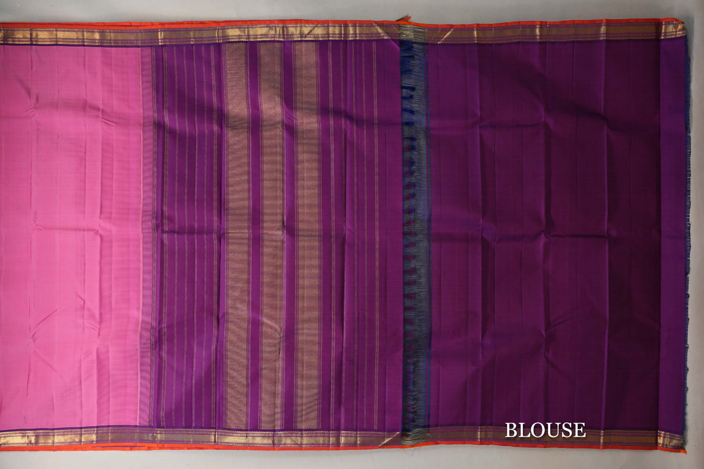 Rose Pink with Dual Tone of Blue & Pink with Bright Orange Selvedge Borders Vintage Kanjivaram Silk Saree blouse