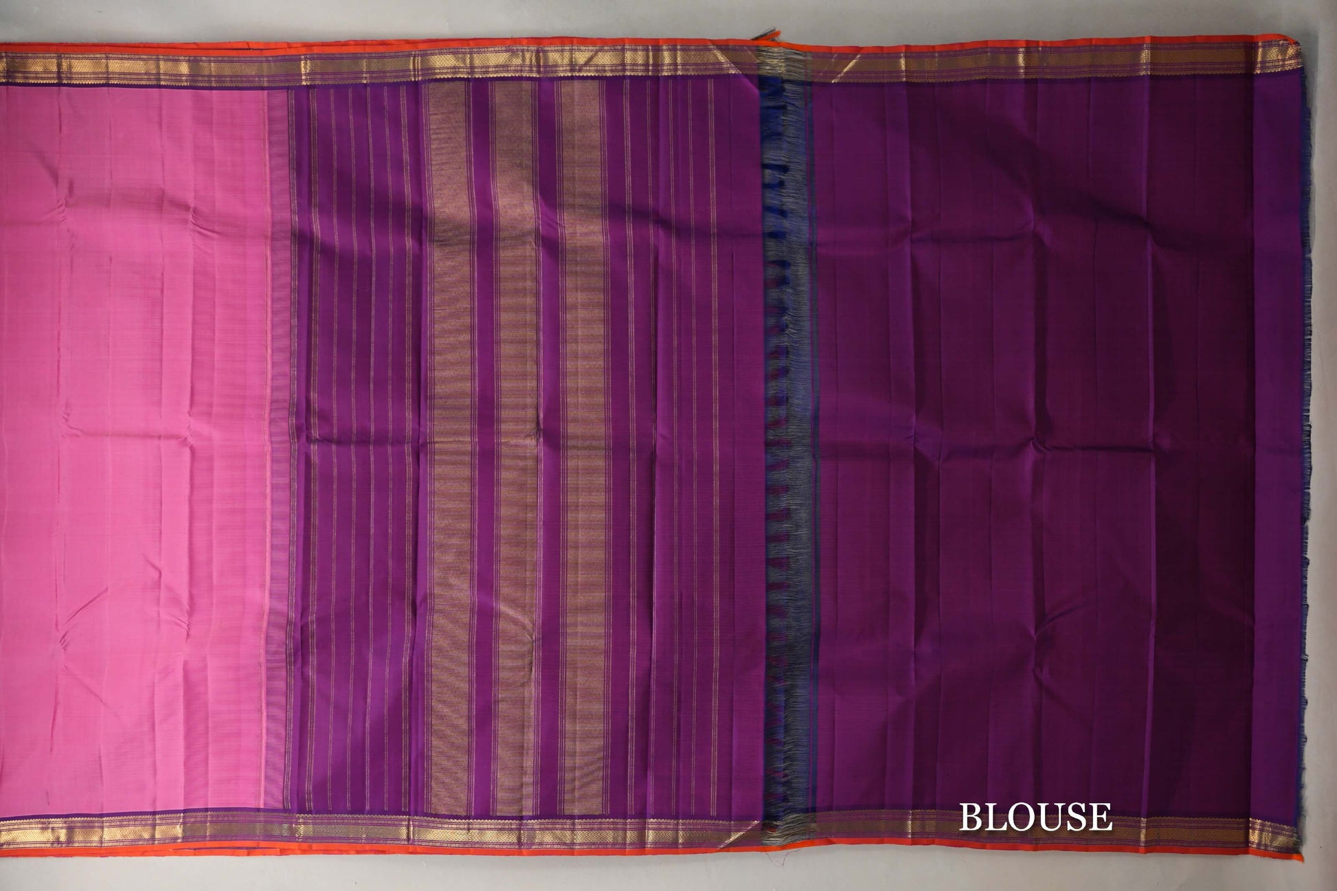 Rose Pink with Dual Tone of Blue & Pink with Bright Orange Selvedge Borders Vintage Kanjivaram Silk Saree blouse