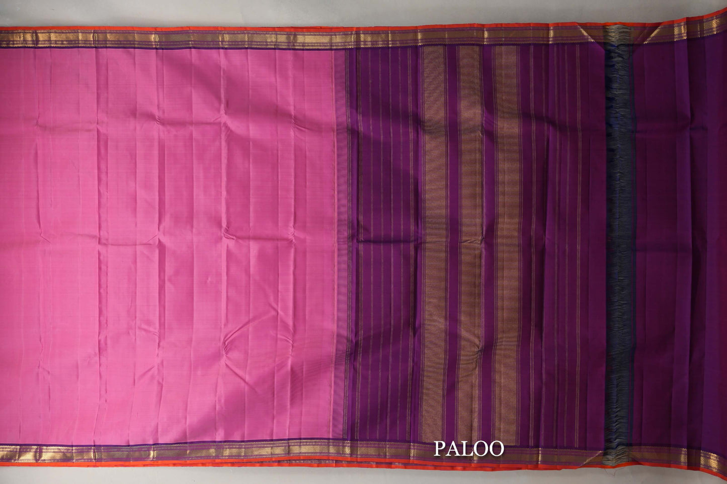 Rose Pink with Dual Tone of Blue & Pink with Bright Orange Selvedge Borders Vintage Kanjivaram Silk Saree paloo