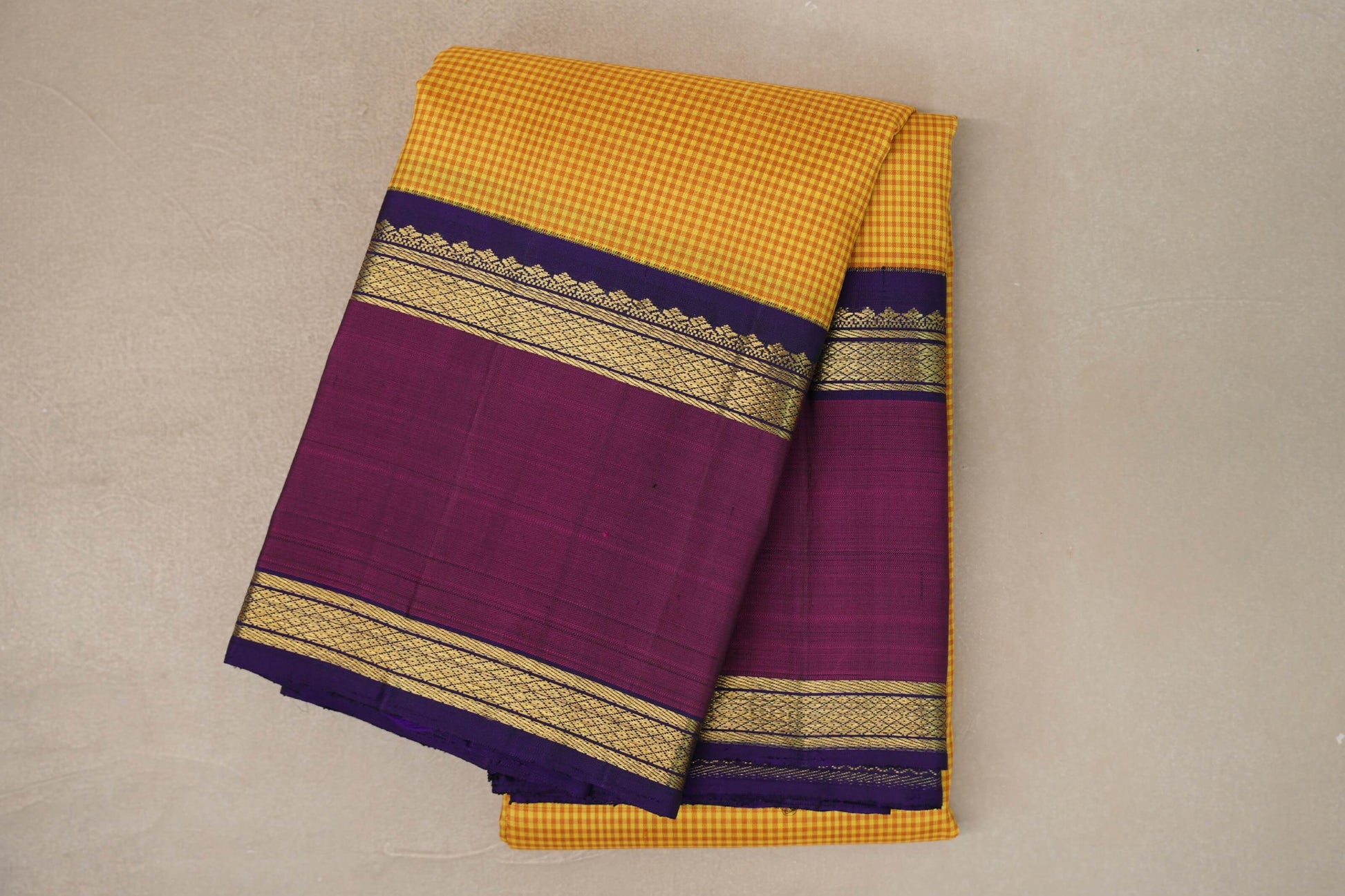 Yellow with Mustard Checks with Rettai Pettu Borders Vintage Kanjivaram Silk Saree
