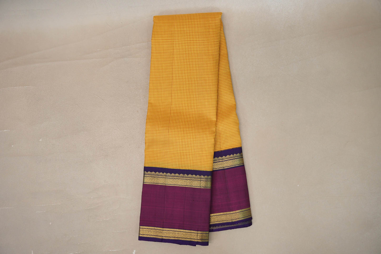 Online Yellow with Mustard Checks with Rettai Pettu Borders Vintage Kanjivaram Silk Saree