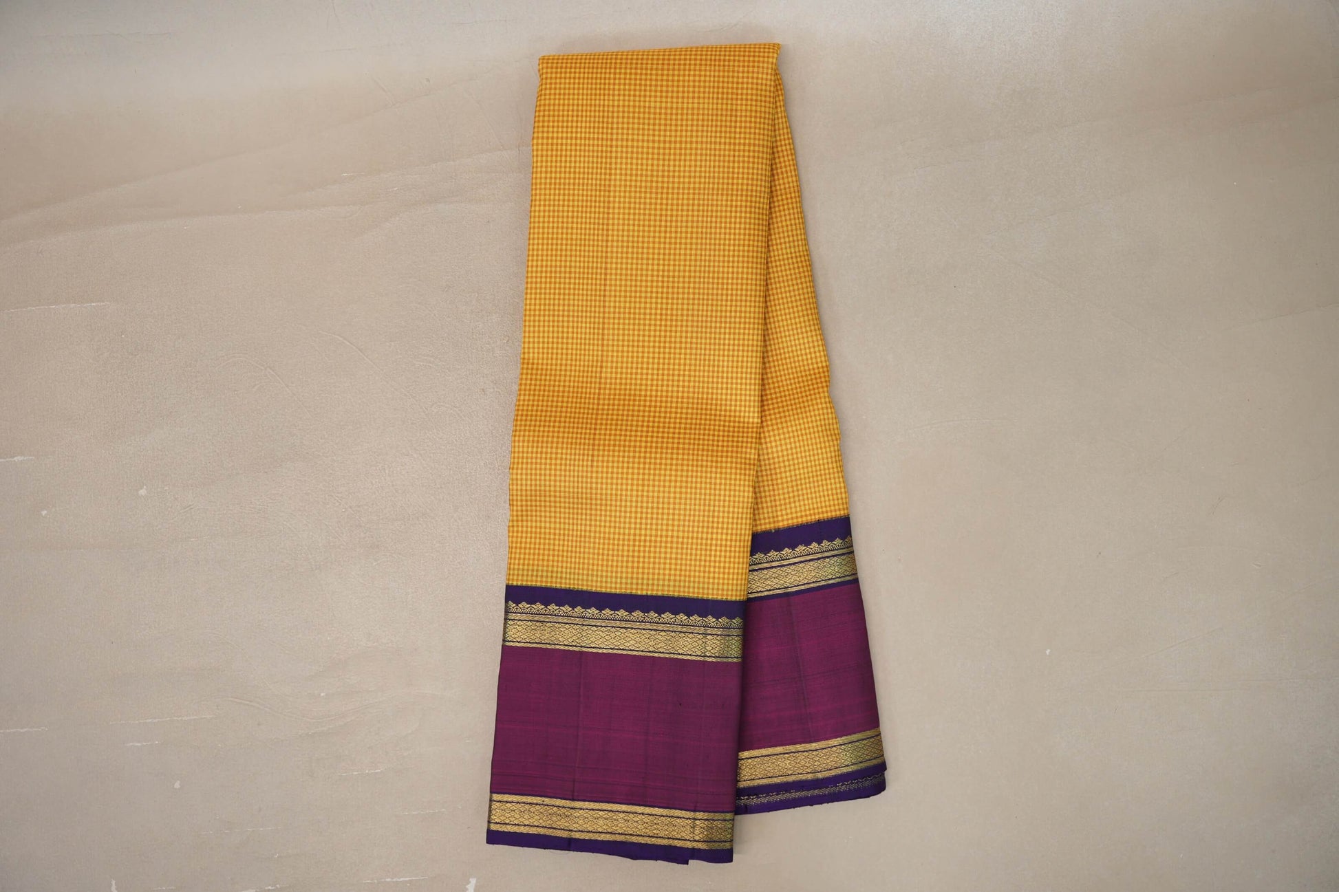 Online Yellow with Mustard Checks with Rettai Pettu Borders Vintage Kanjivaram Silk Saree