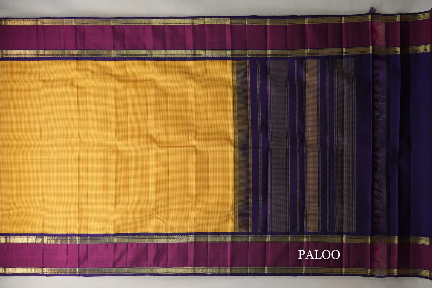 Yellow with Mustard Checks with Rettai Pettu Borders Vintage Kanjivaram Silk Saree paloo