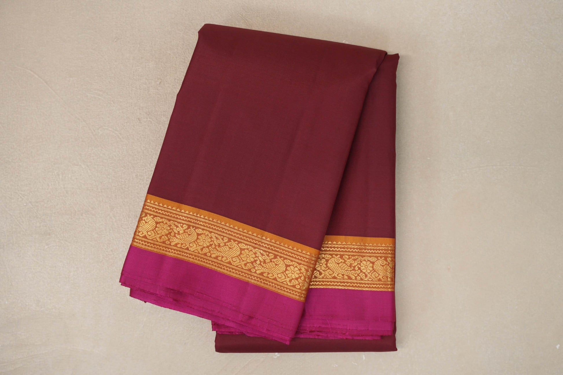 Deep Maroon with Mustard with Bright Pink Selvedge Borders Vintage Kanjivaram Silk Saree
