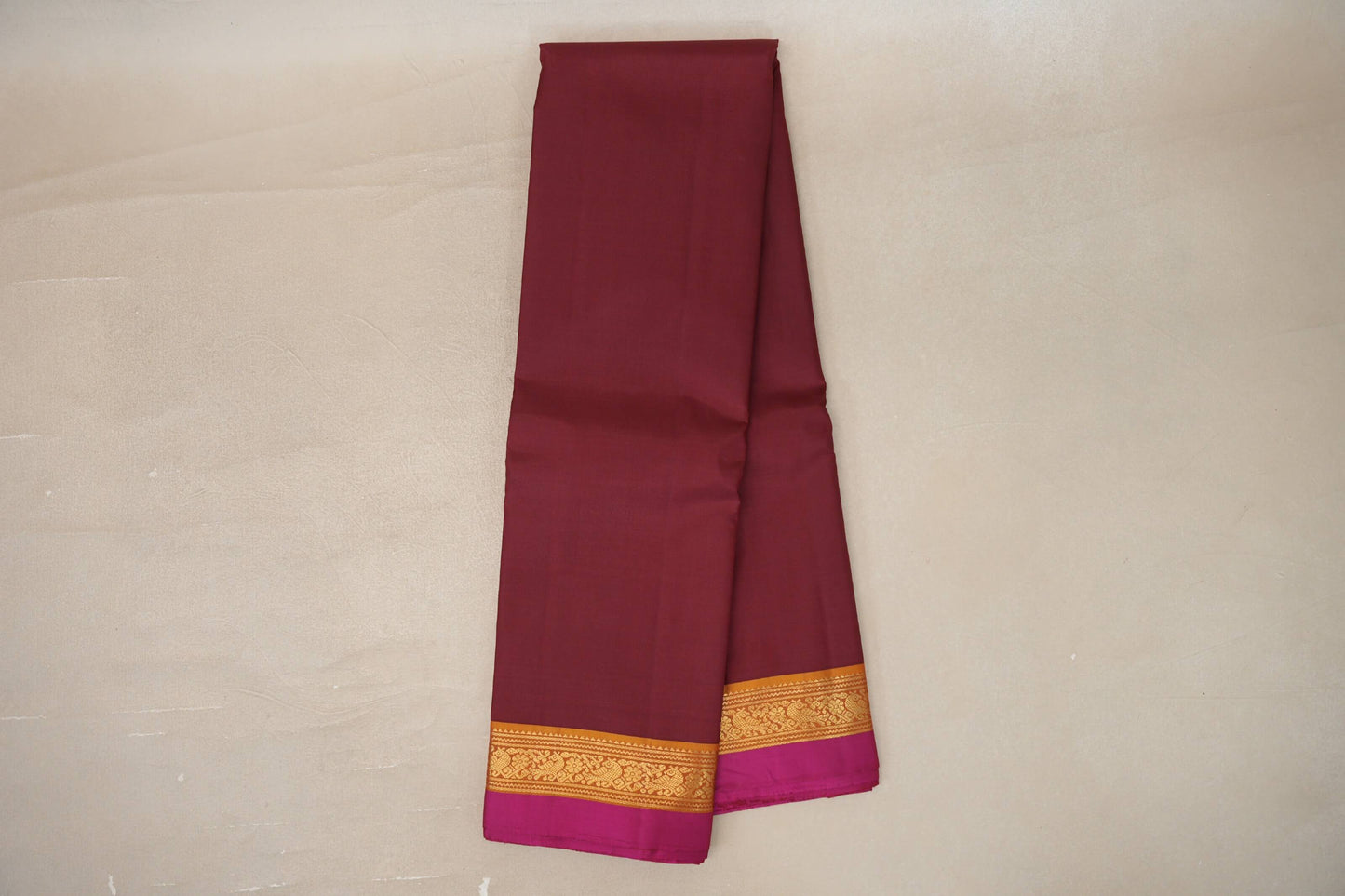 Online Deep Maroon with Mustard with Bright Pink Selvedge Borders Vintage Kanjivaram Silk Saree