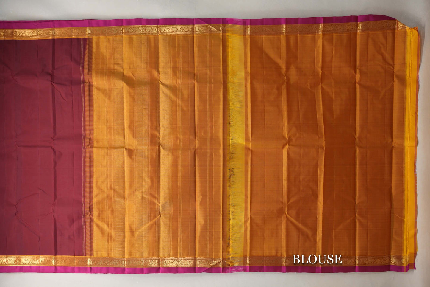 Deep Maroon with Mustard with Bright Pink Selvedge Borders Vintage Kanjivaram Silk Saree blouse