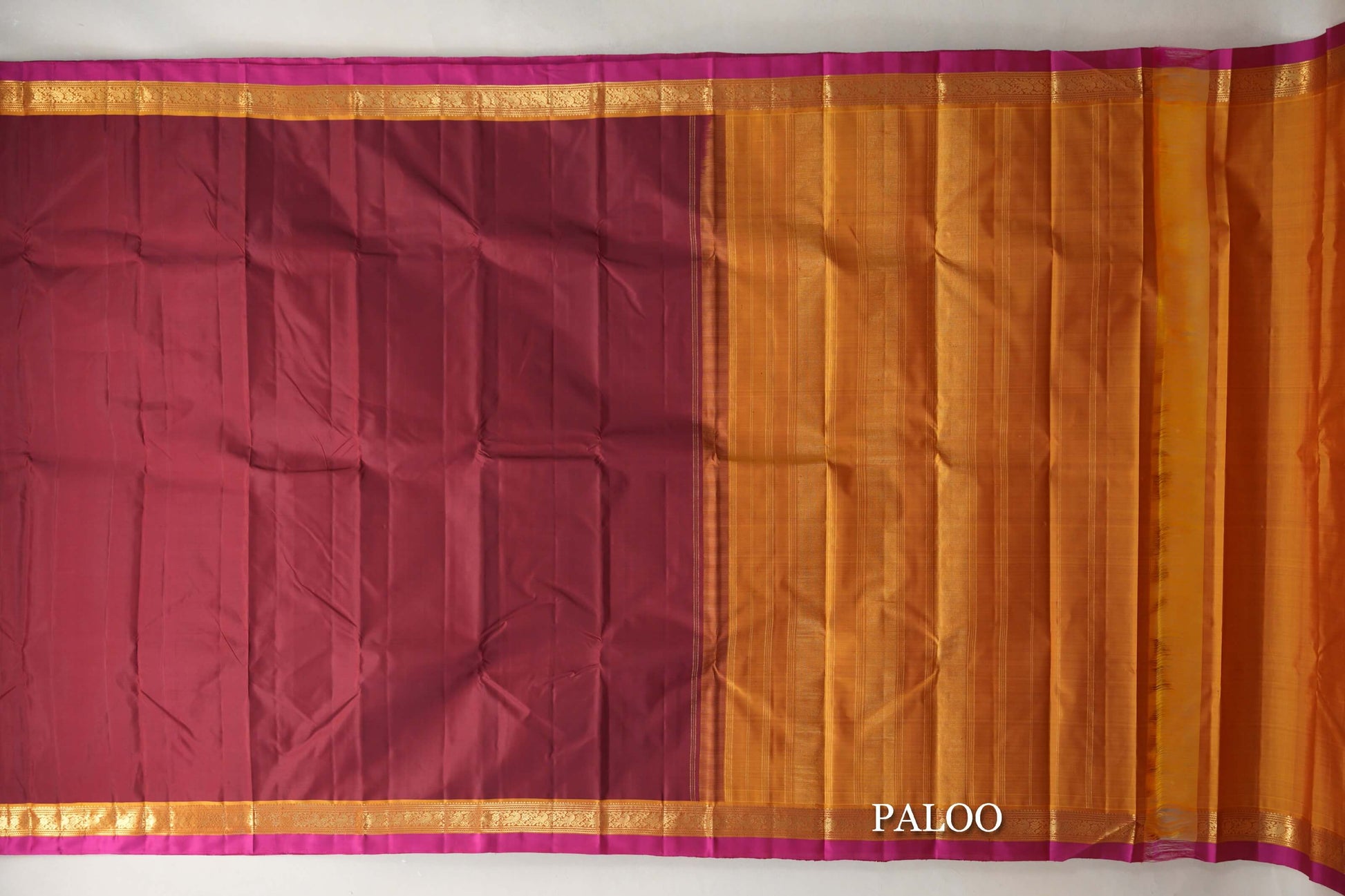 Deep Maroon with Mustard with Bright Pink Selvedge Borders Vintage Kanjivaram Silk Saree paloo