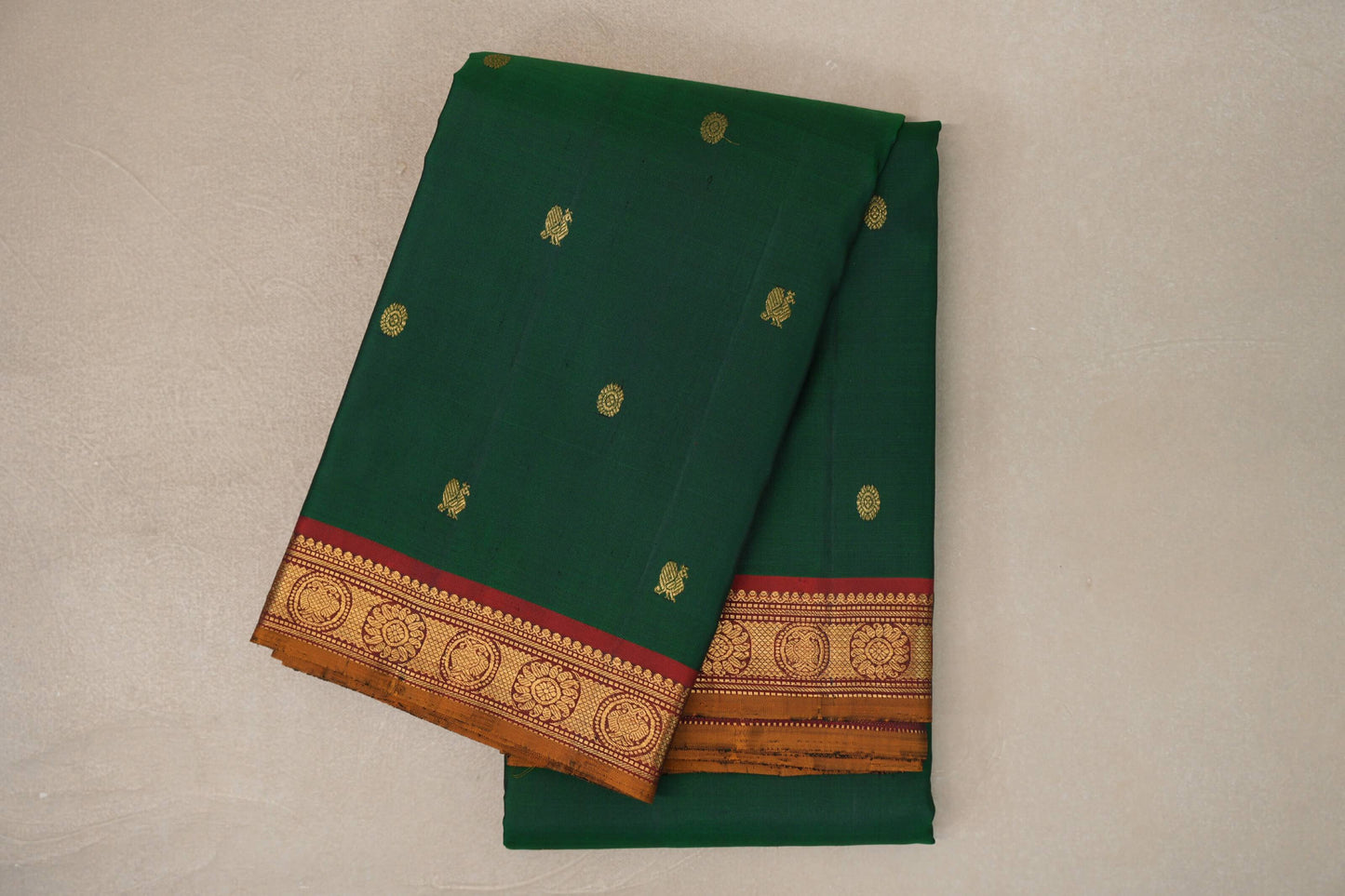 Bottle Green with Reddish Maroon Mustard Oil Selvedge Borders Vintage Kanjivaram Silk Saree