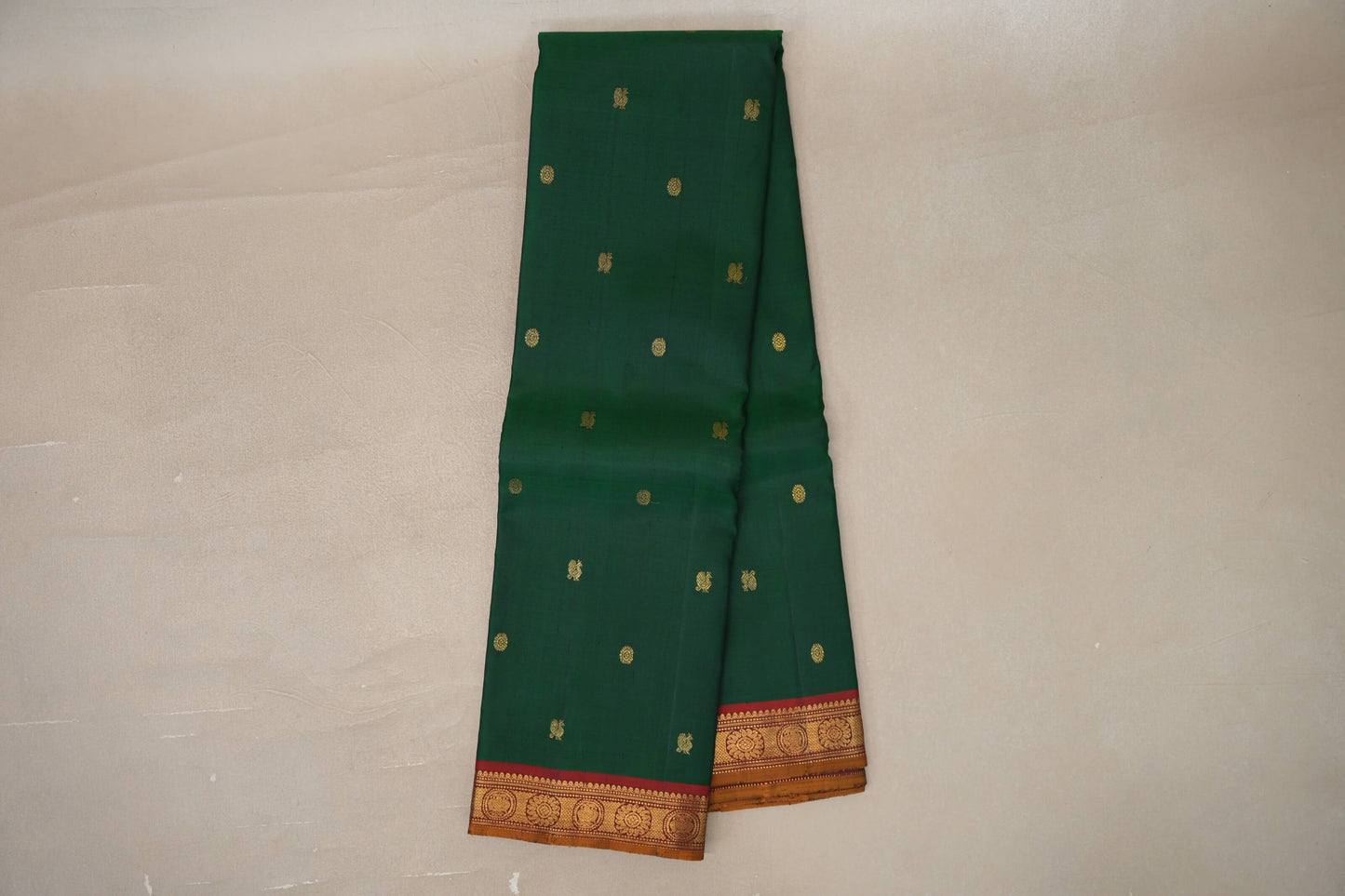 Online Bottle Green with Reddish Maroon Mustard Oil Selvedge Borders Vintage Kanjivaram Silk Saree