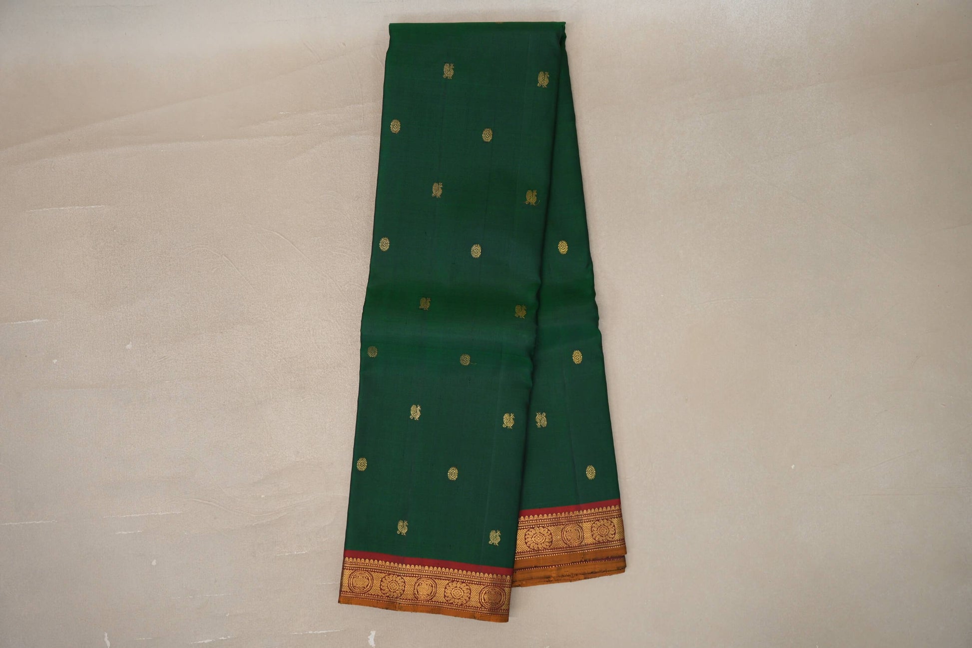Online Bottle Green with Reddish Maroon Mustard Oil Selvedge Borders Vintage Kanjivaram Silk Saree