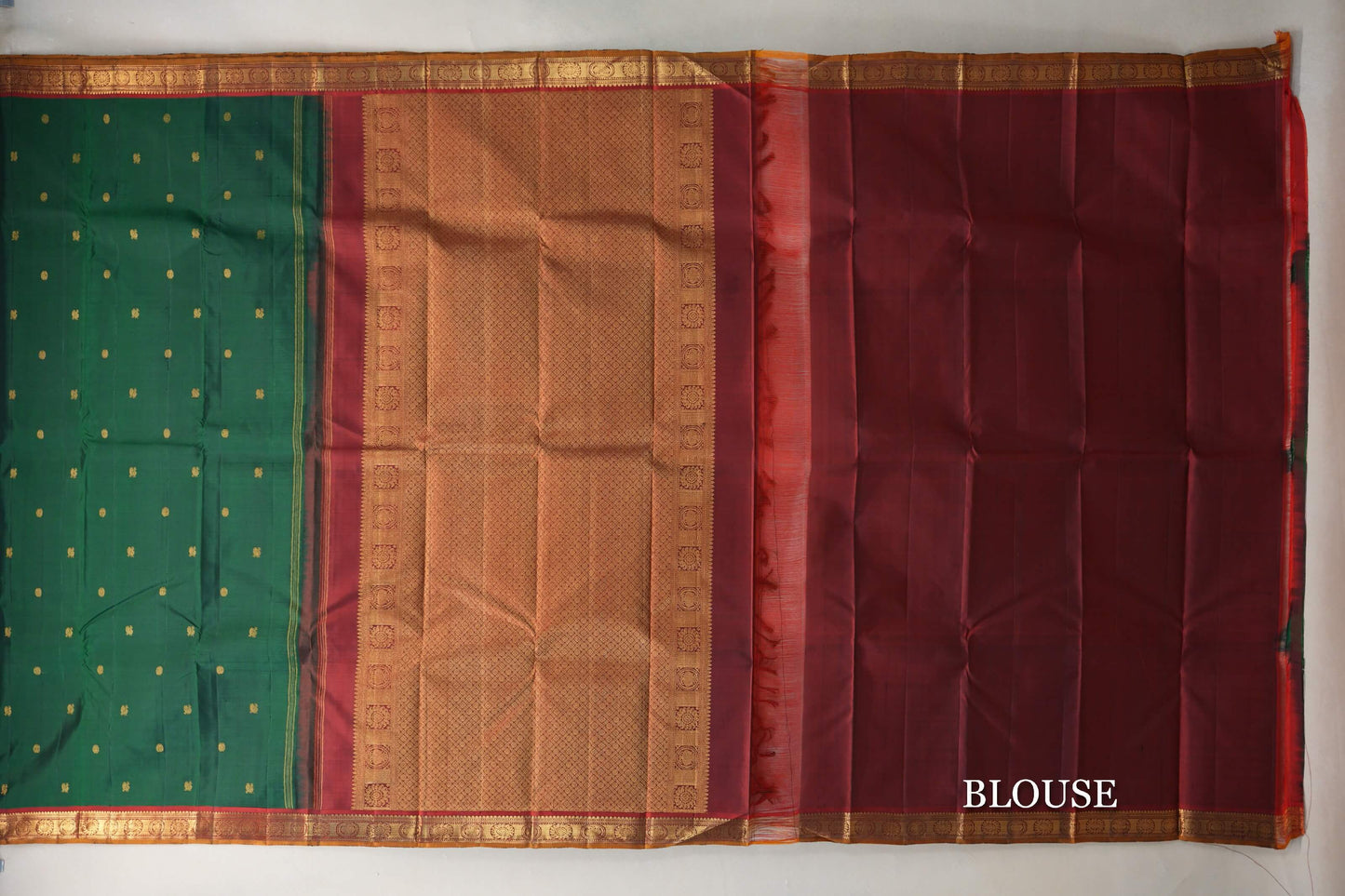 Bottle Green with Reddish Maroon Mustard Oil Selvedge Borders Vintage Kanjivaram Silk Saree blouse