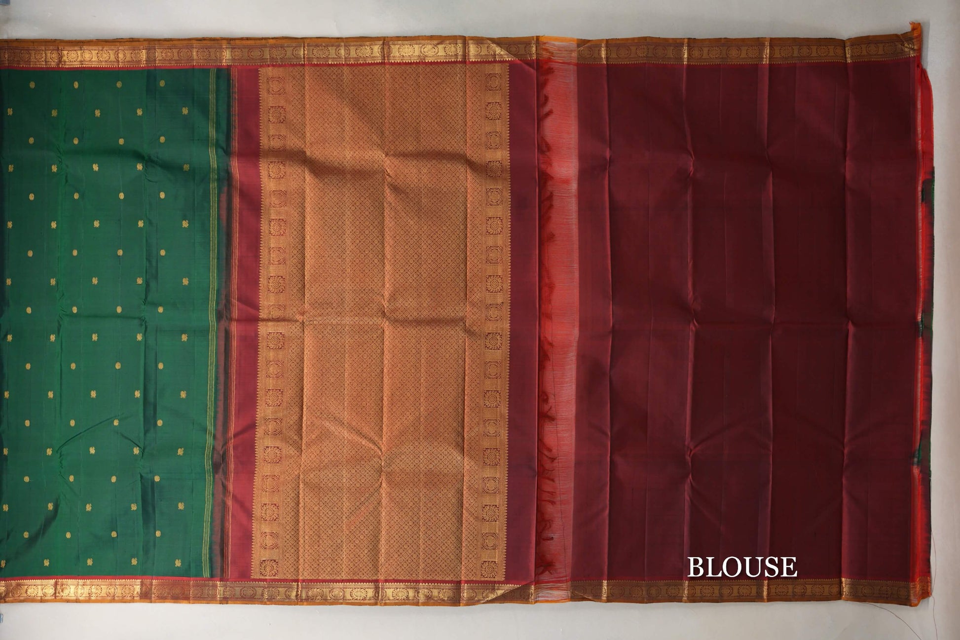 Bottle Green with Reddish Maroon Mustard Oil Selvedge Borders Vintage Kanjivaram Silk Saree blouse