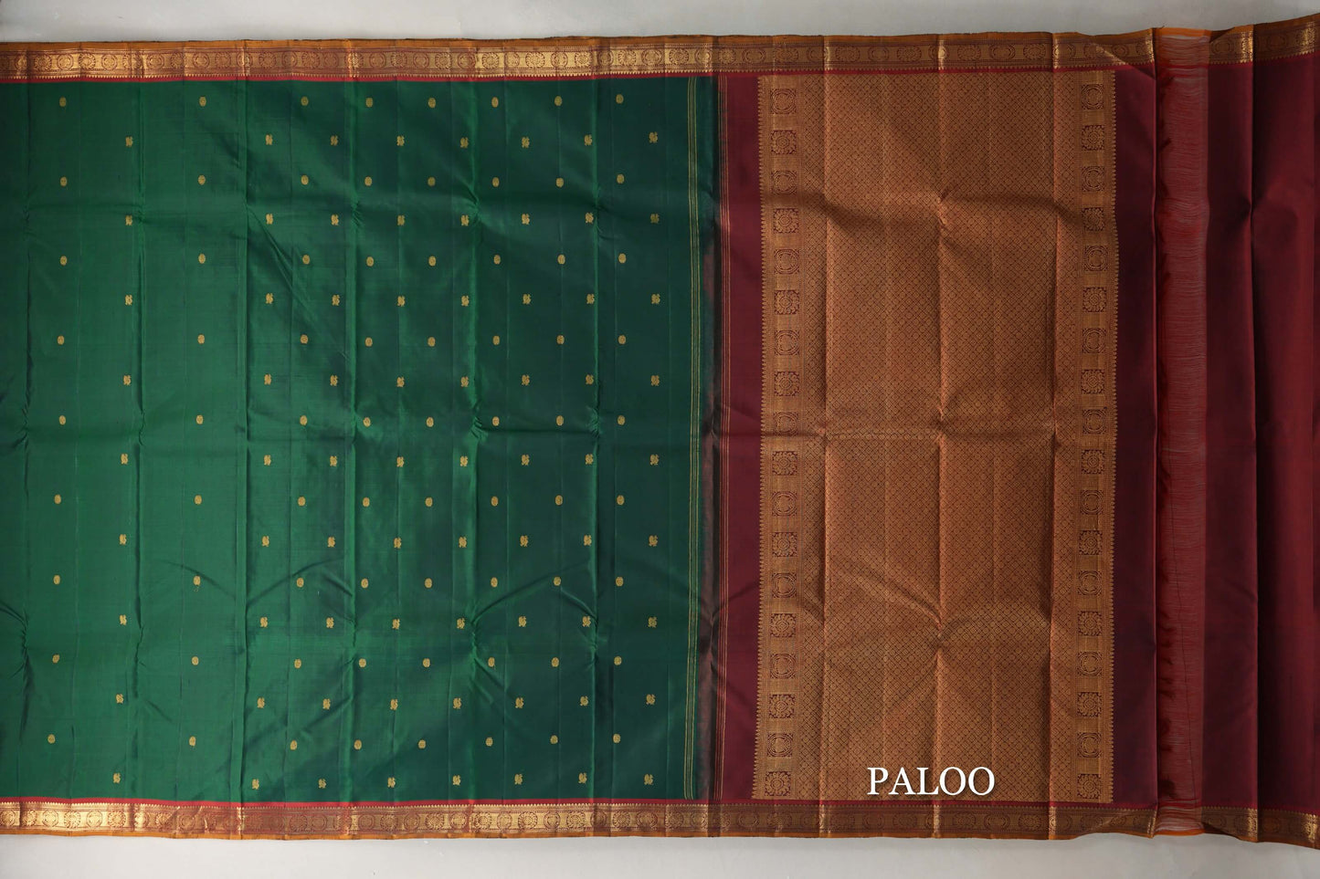 Bottle Green with Reddish Maroon Mustard Oil Selvedge Borders Vintage Kanjivaram Silk Saree paloo