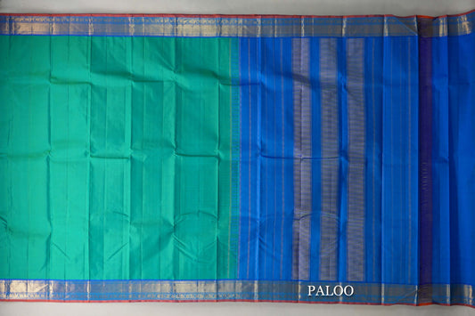 Dual Tone of Blue & Green with Bright Blue Borders Vintage Kanjivaram Silk Saree paloo