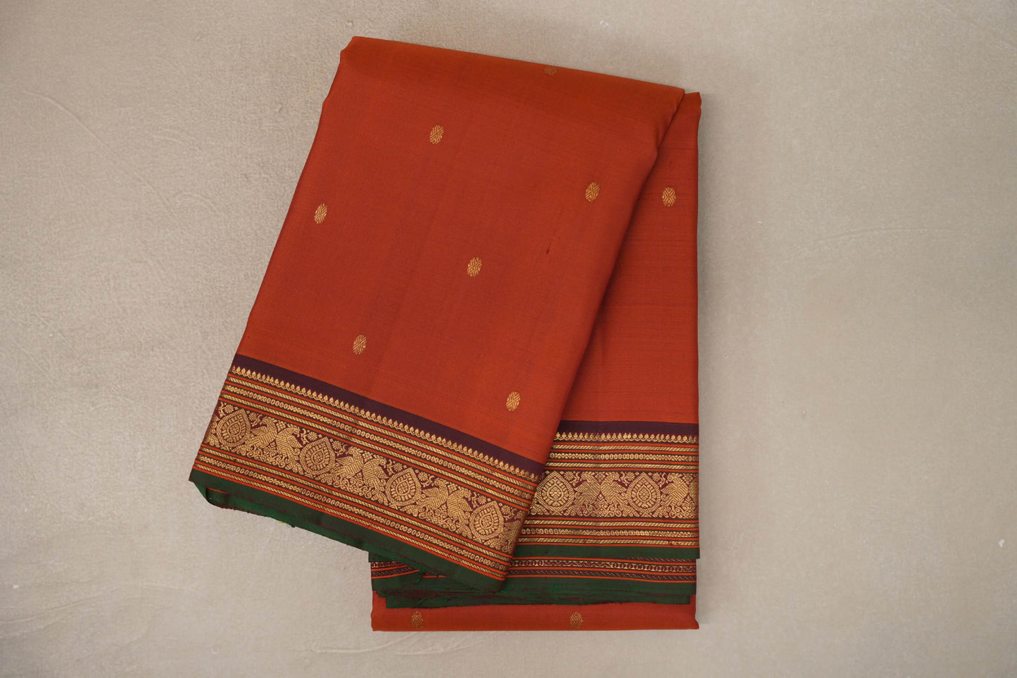 Rust Orange with Deep Plum Borders Vintage Kanjivaram Silk Saree