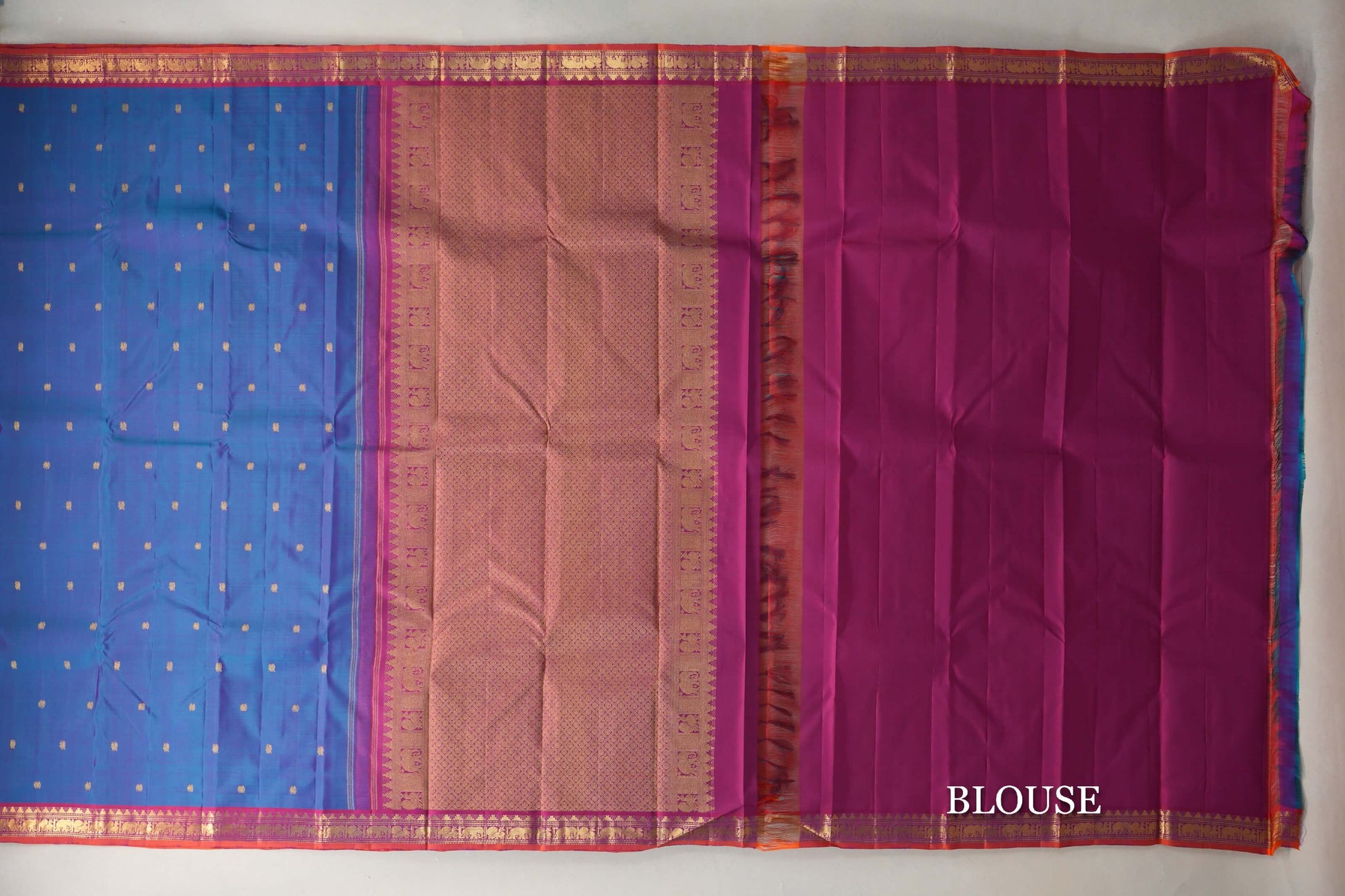 Teal Blue with Magenta Pink Borders Vintage Kanjivaram Silk Saree blouse