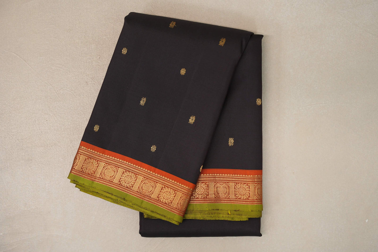 Black with Rust Orange with Olive Green selvedge Borders Vintage Kanjivaram Silk Saree