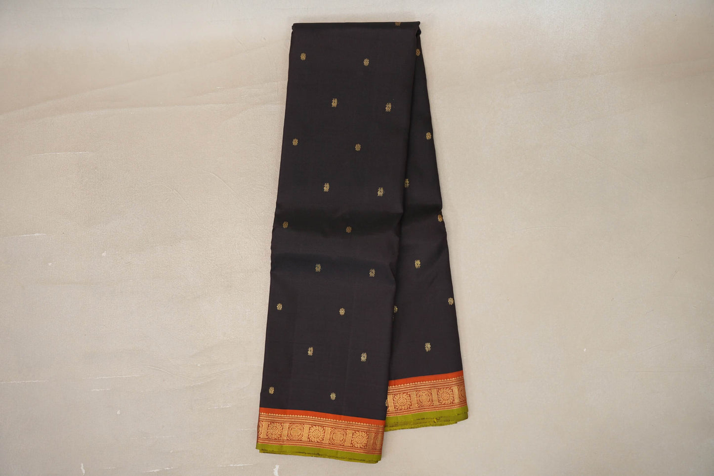 Online Black with Rust Orange with Olive Green selvedge Borders Vintage Kanjivaram Silk Saree