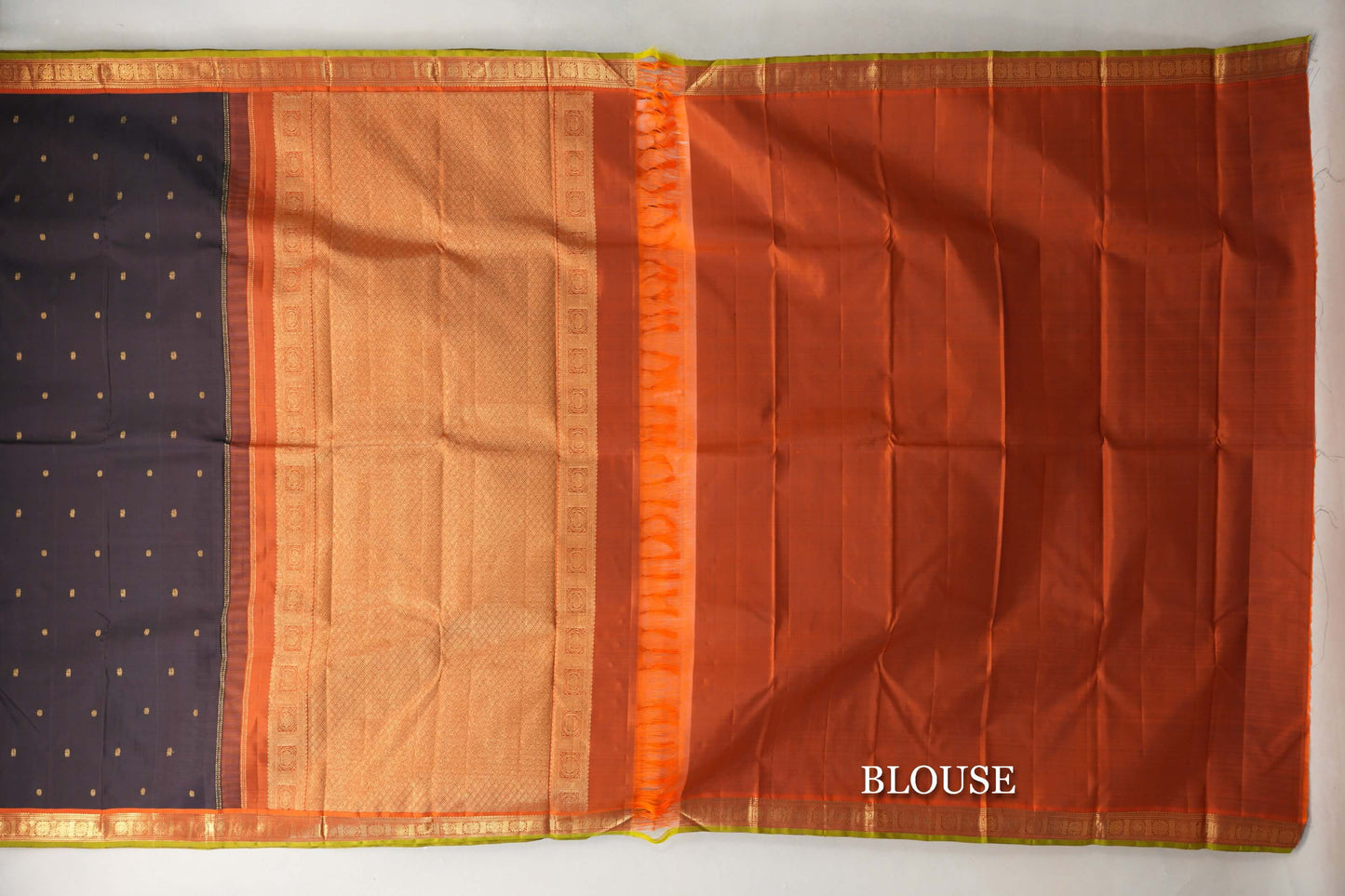 Black with Rust Orange with Olive Green selvedge Borders Vintage Kanjivaram Silk Saree blouse