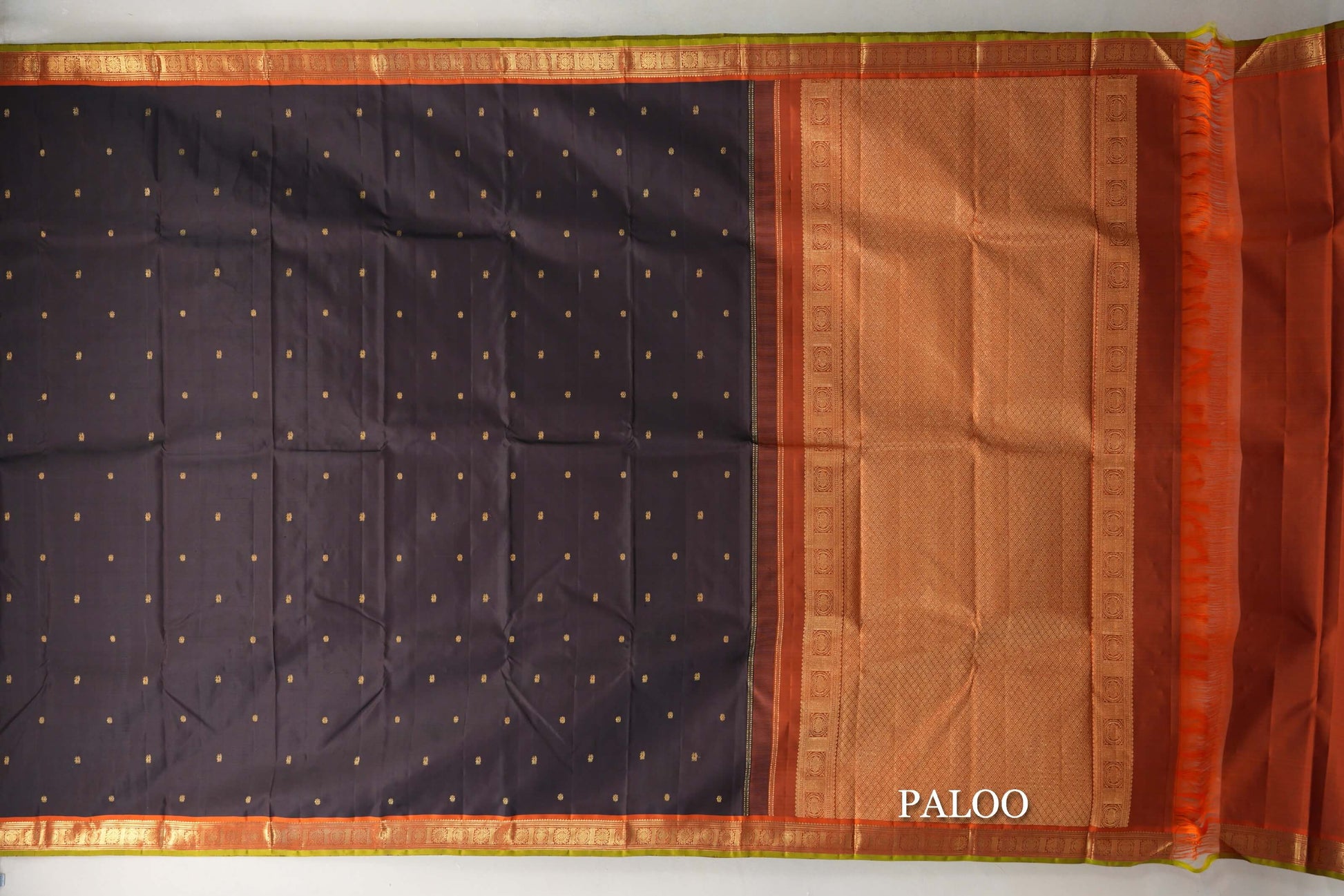 Black with Rust Orange with Olive Green selvedge Borders Vintage Kanjivaram Silk Saree paloo