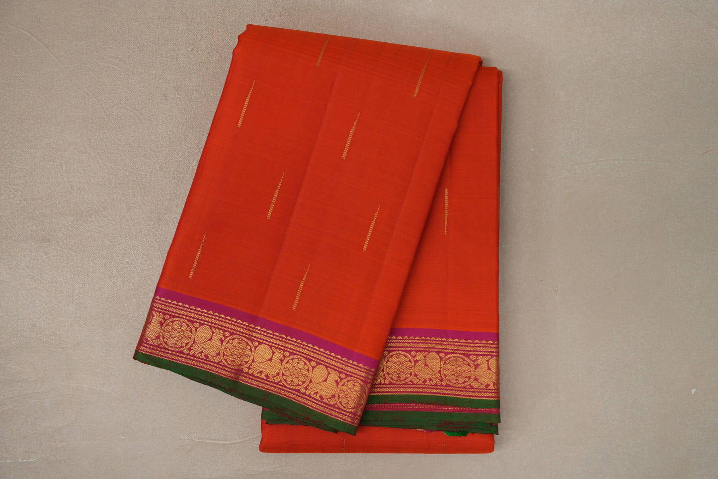 Bright Orange with Magenta with Dark Green Selvedge Borders Vintage Kanjivaram Silk Saree