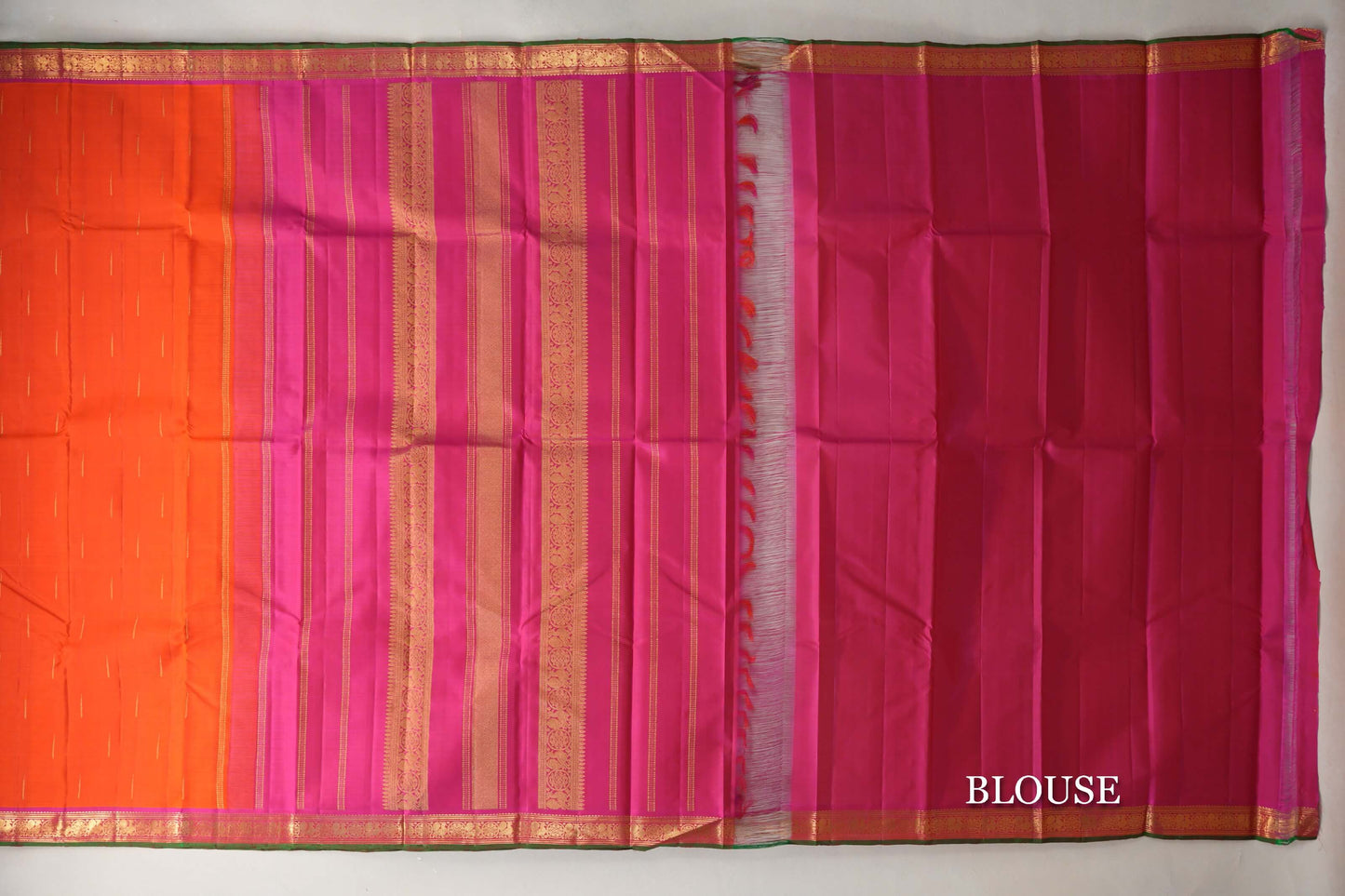Bright Orange with Magenta with Dark Green Selvedge Borders Vintage Kanjivaram Silk Saree blouse