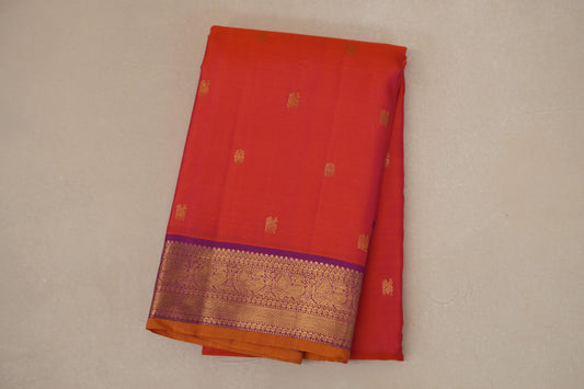 Orangish Pink with Dark Magenta Borders and Mustard Orange Selvedge Vintage Kanjivaram Silk Saree SS8703