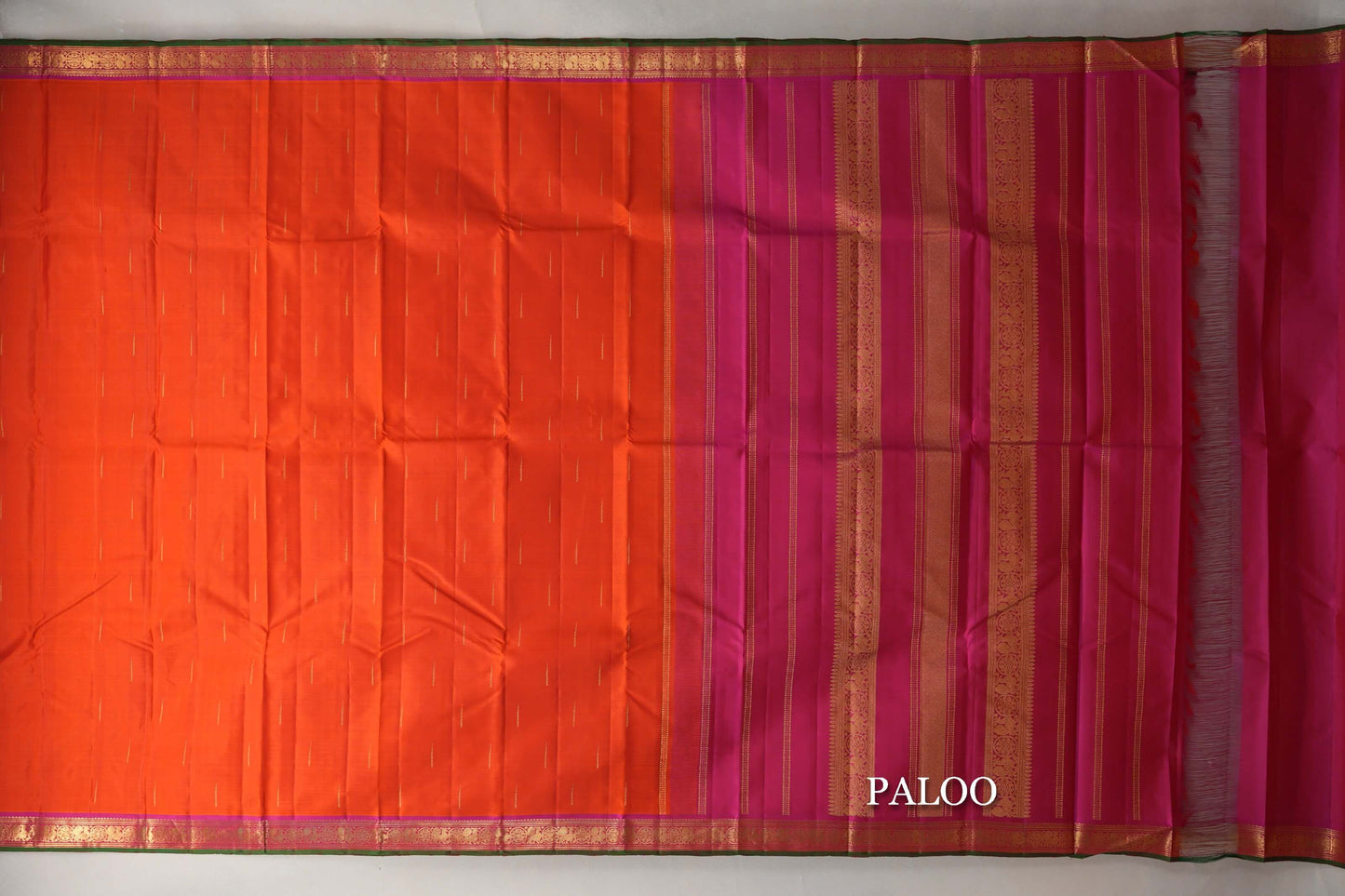 Bright Orange with Magenta with Dark Green Selvedge Borders Vintage Kanjivaram Silk Saree paloo