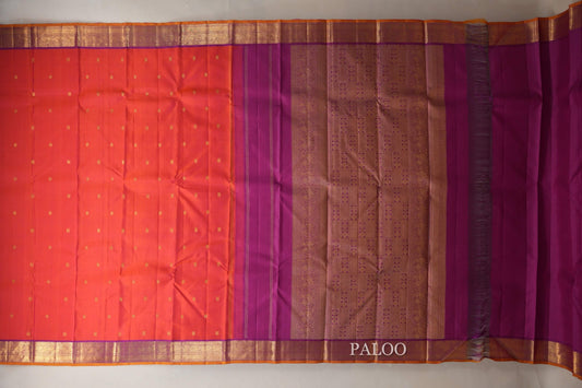 Orangish Pink with Dark Magenta Borders and Mustard Orange Selvedge Vintage Kanjivaram Silk Saree SS8703