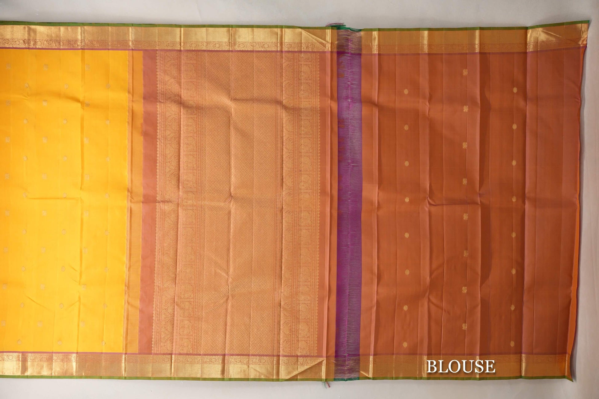 Yellow with Pink with Green Selvedge Borders Vintage Kanjivaram Silk Saree blouse