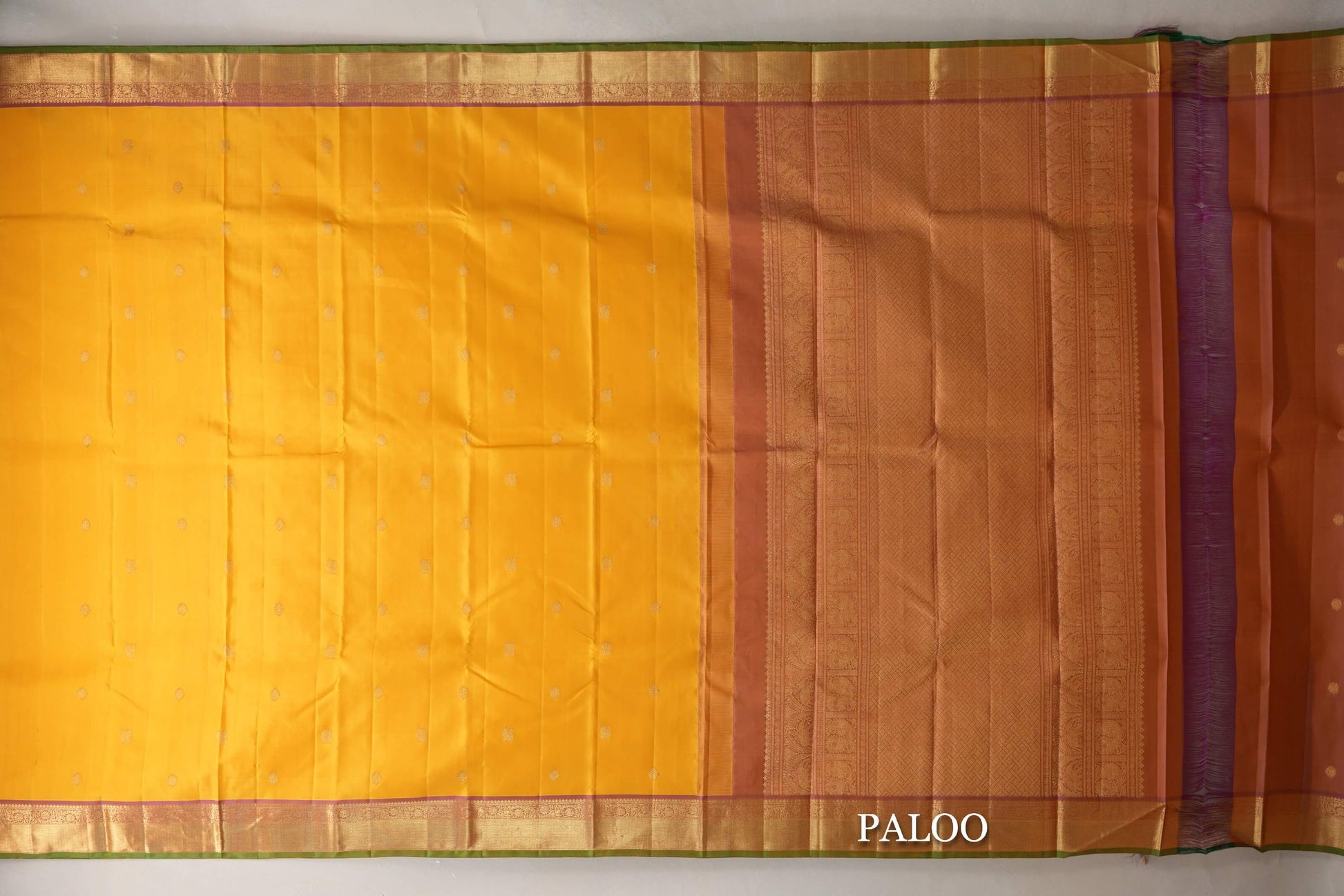 Yellow with Pink with Green Selvedge Borders Vintage Kanjivaram Silk Saree paloo
