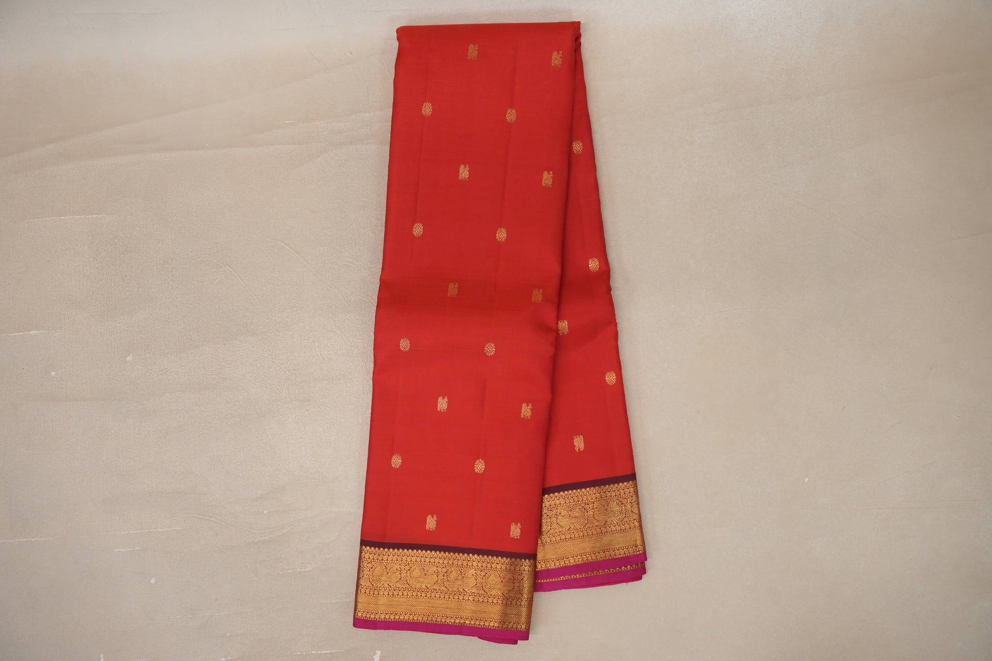 Online Chilli Red with Maroon with Rani Pink Selvedge Borders Vintage Kanjivaram Silk Saree