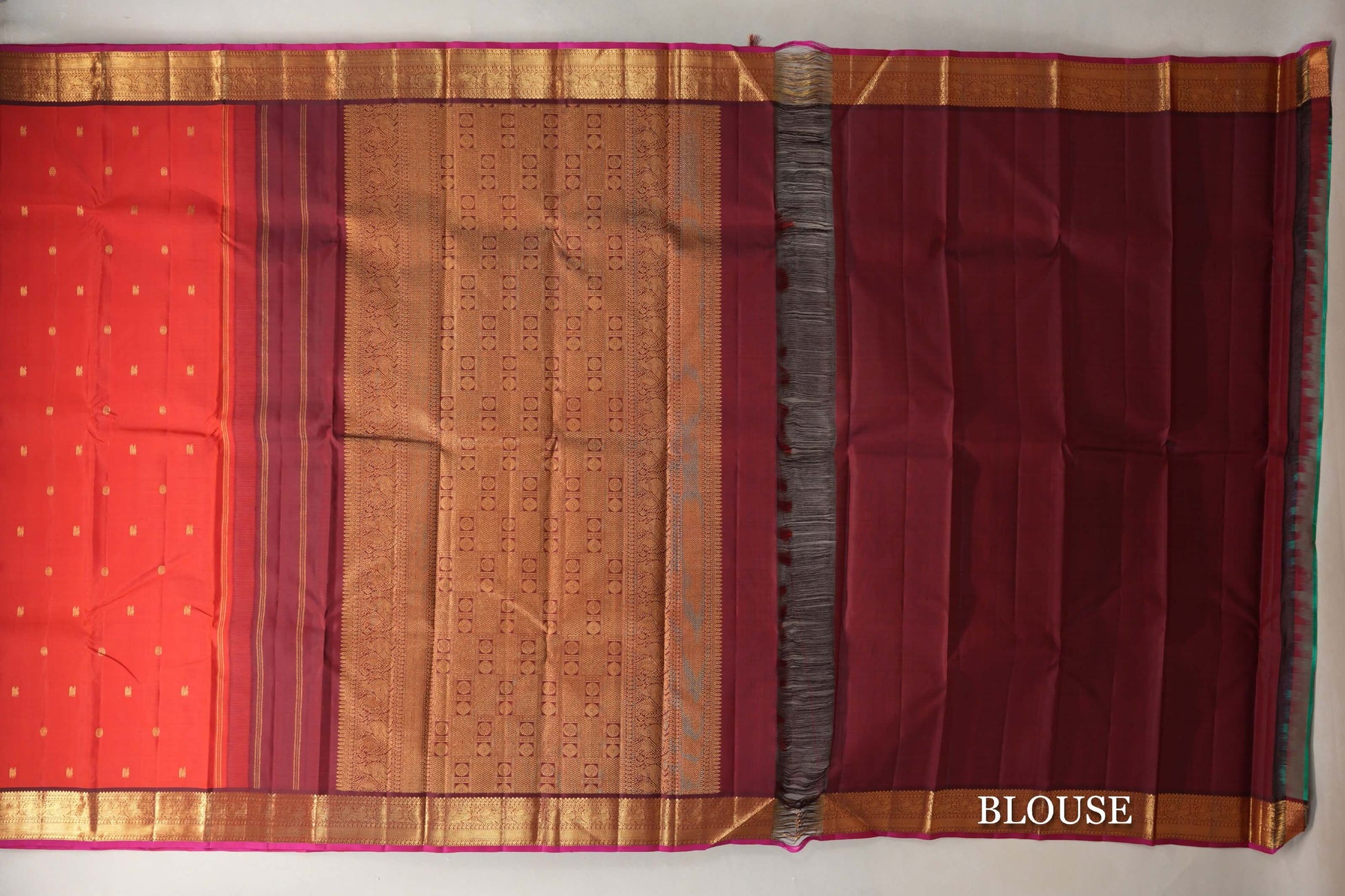 Chilli Red with Maroon with Rani Pink Selvedge Borders Vintage Kanjivaram Silk Saree blouse