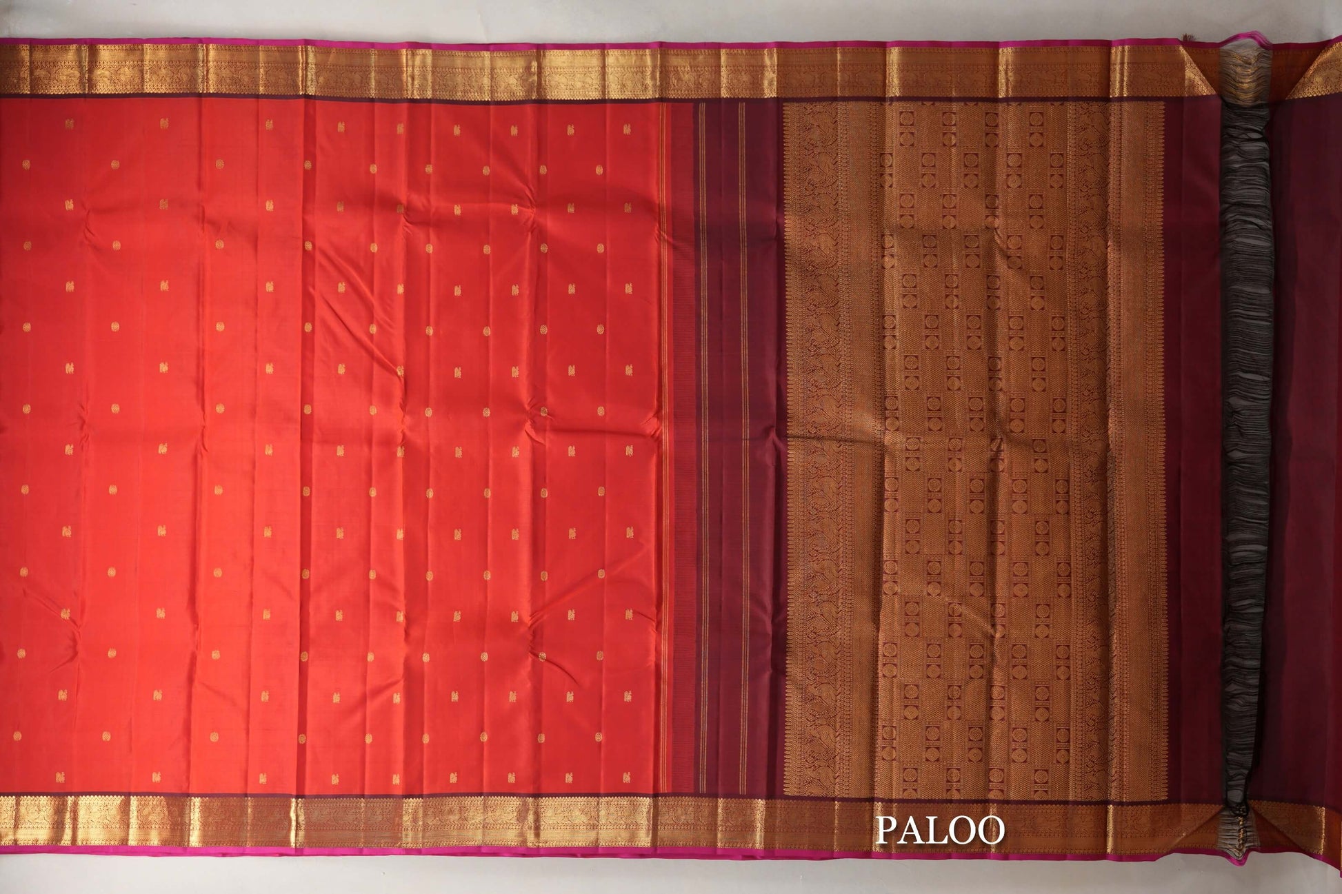 Chilli Red with Maroon with Rani Pink Selvedge Borders Vintage Kanjivaram Silk Saree paloo