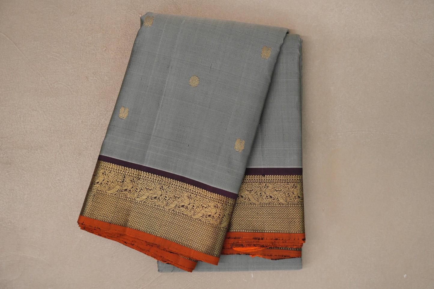 Grey with Maroon with Rust Selvedge Borders Vintage Kanjivaram Silk Saree