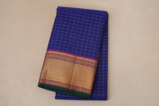 Deep Blue with Deep Magenta Borders and Green Selvedge Zari Checks Vintage Kanjivaram Silk Saree SS8705