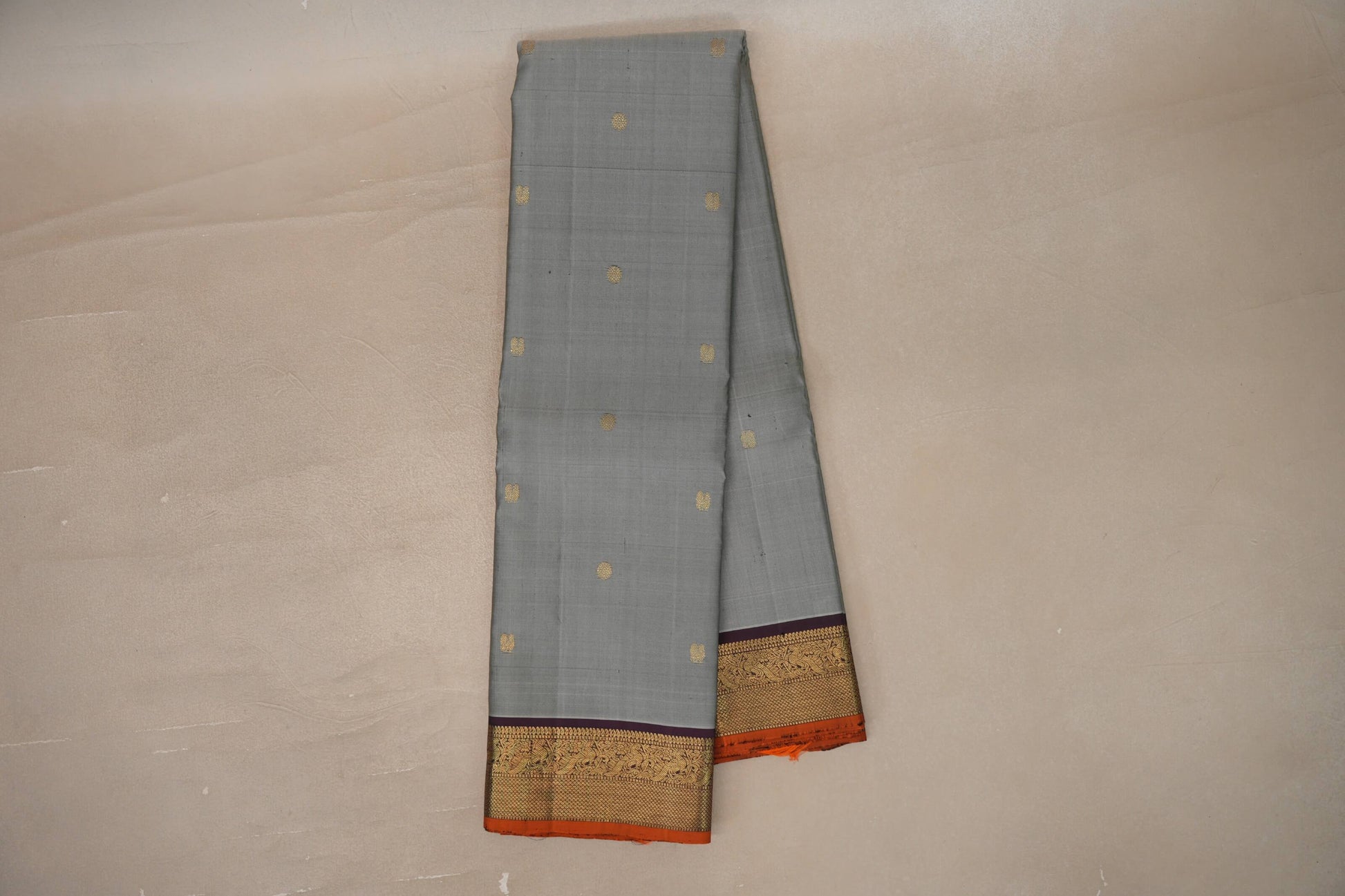 Online Grey with Maroon with Rust Selvedge Borders Vintage Kanjivaram Silk Saree