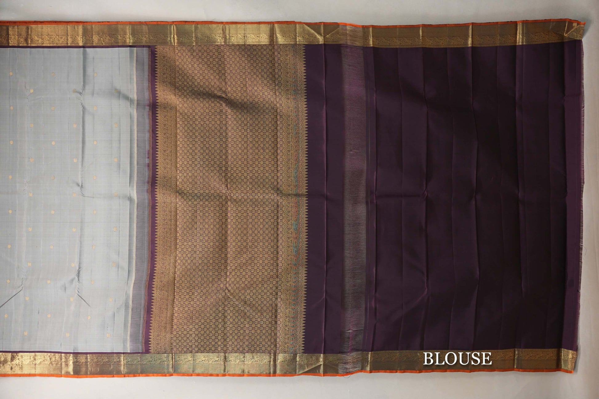 Grey with Maroon with Rust Selvedge Borders Vintage Kanjivaram Silk Saree blouse
