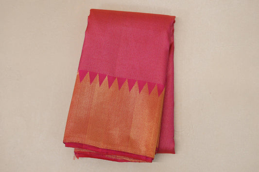 Bright Pink Temple Borders Vintage Kanjivaram Silk Saree SS8706